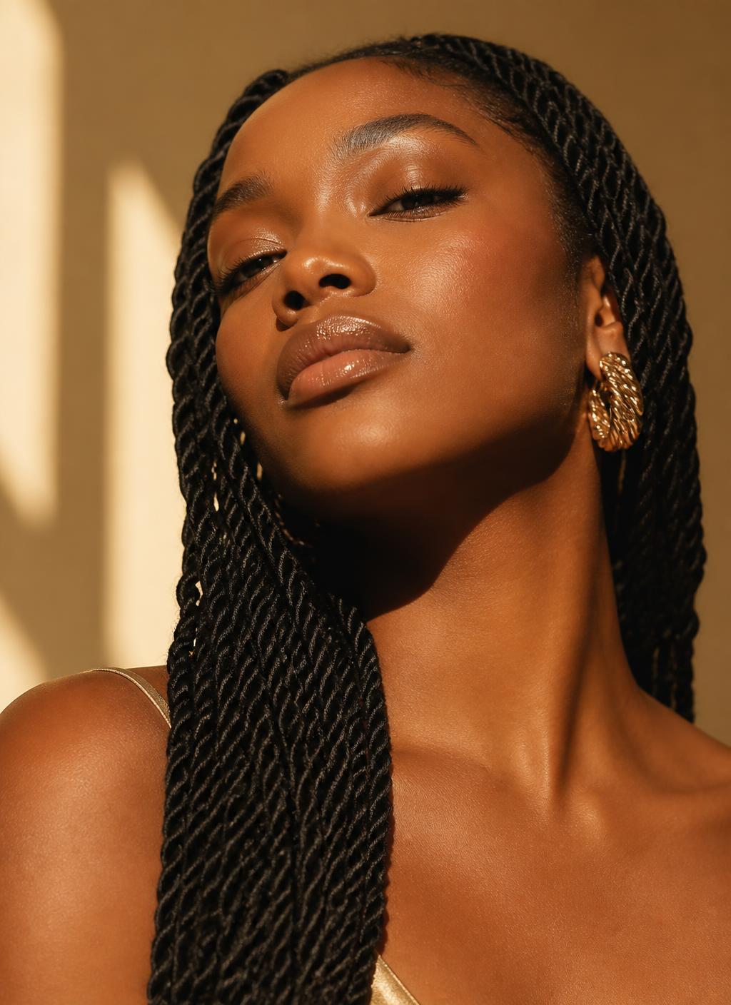 Woman with long rope twists in warm window light