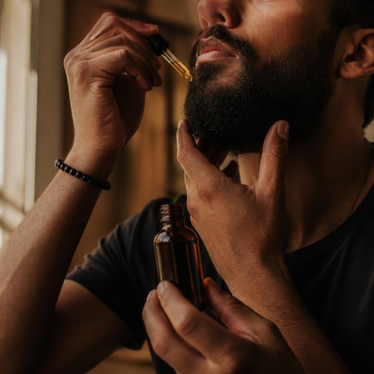 Man applying beard oil from a dropper bottle
