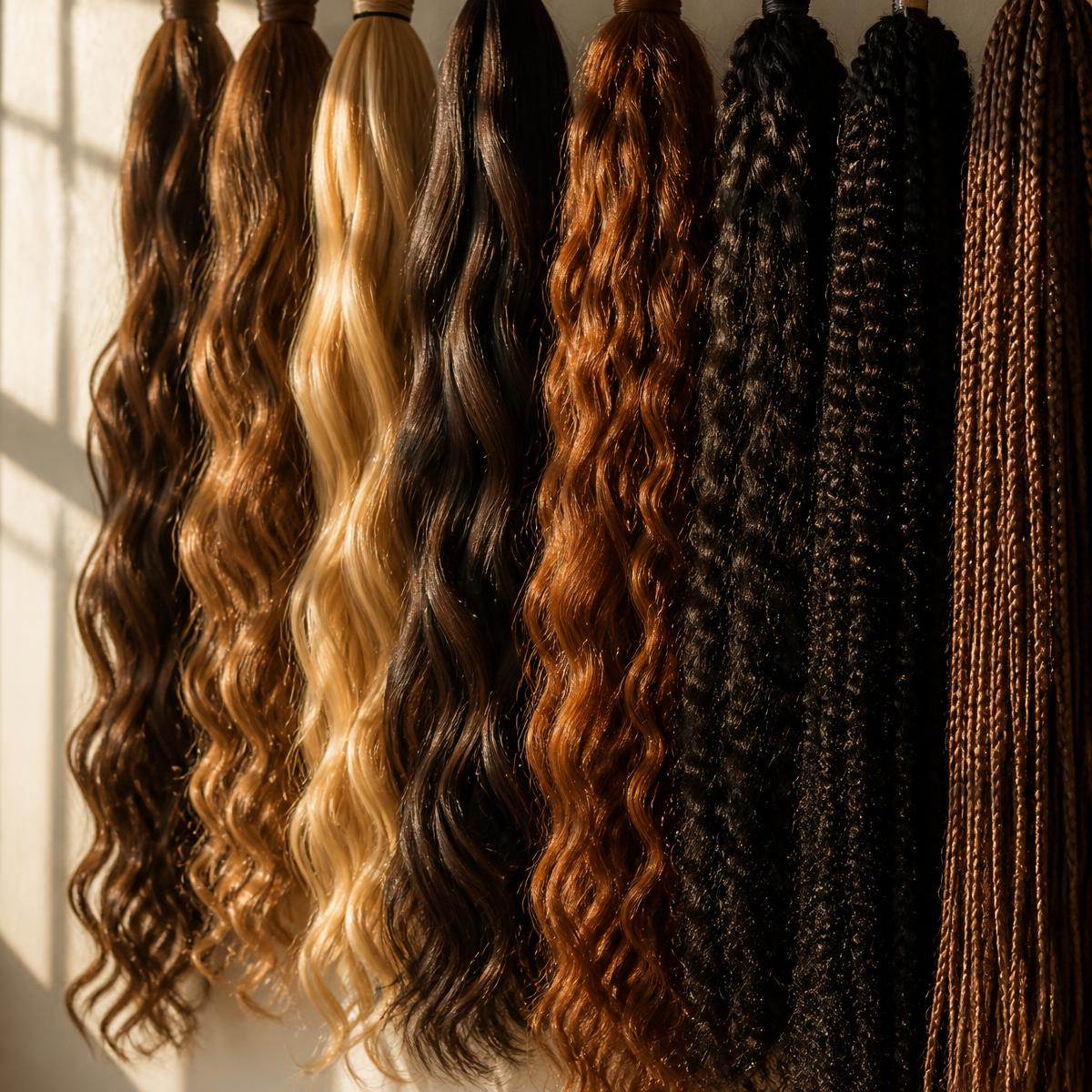 Bundles of braiding hair and wig hair hanging in warm light