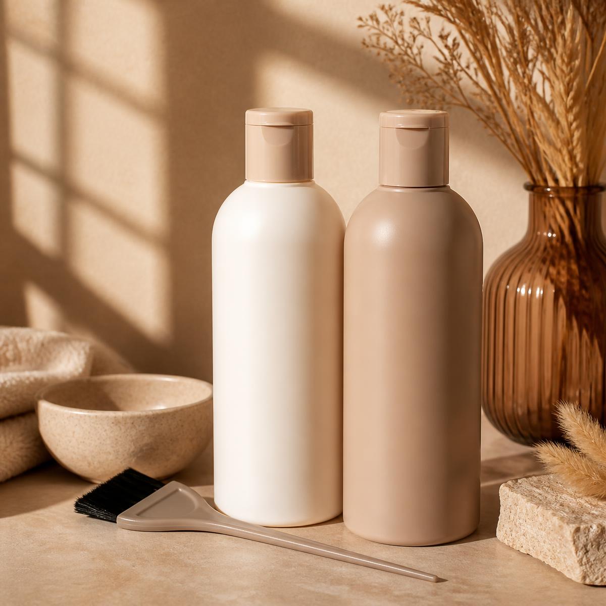 Shampoo and conditioner bottles with a dye applicator brush