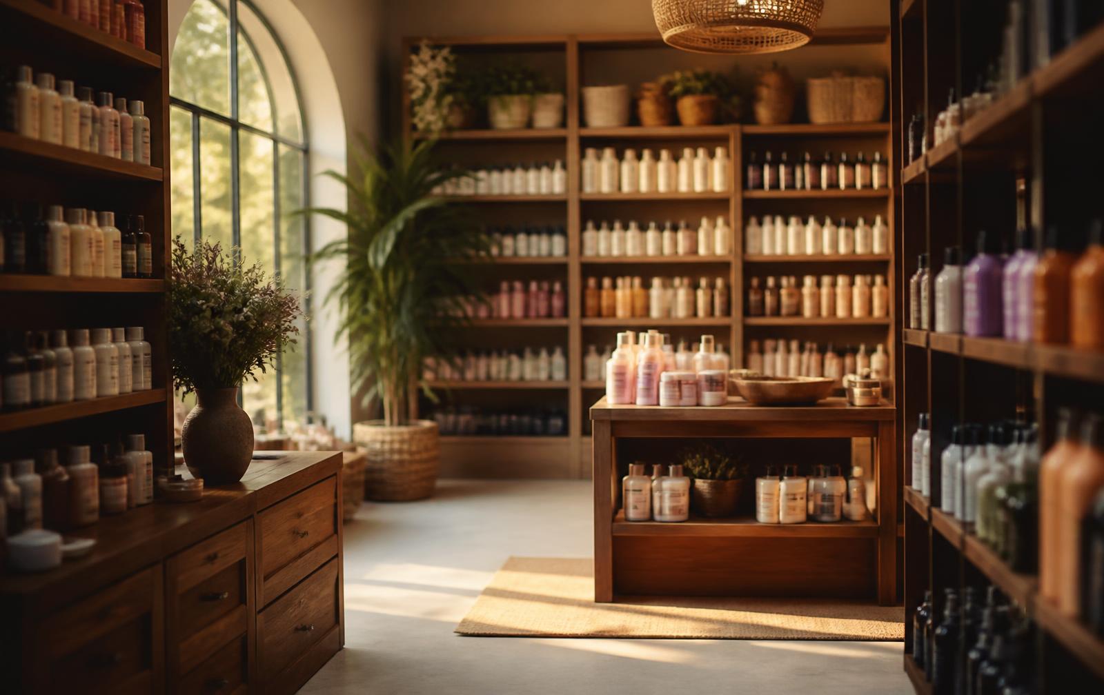 Warm interior of the beauty supply shop with product shelving