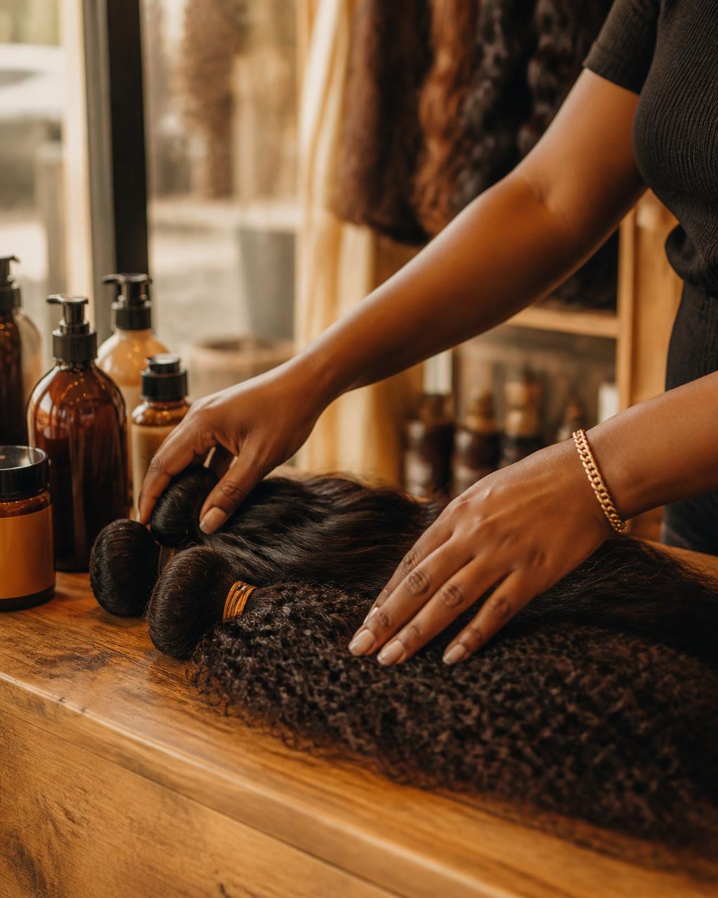 Staff member laying out hair bundles beside product bottles on the shop counter